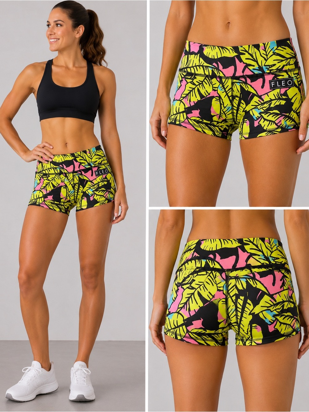 FLEO Tropical Palm Leaf Booty Shorts XS Neon Pink Green CrossFit